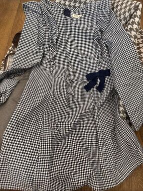 Hope & Henry Navy and White Houndstooth Girls' Dress with Bow